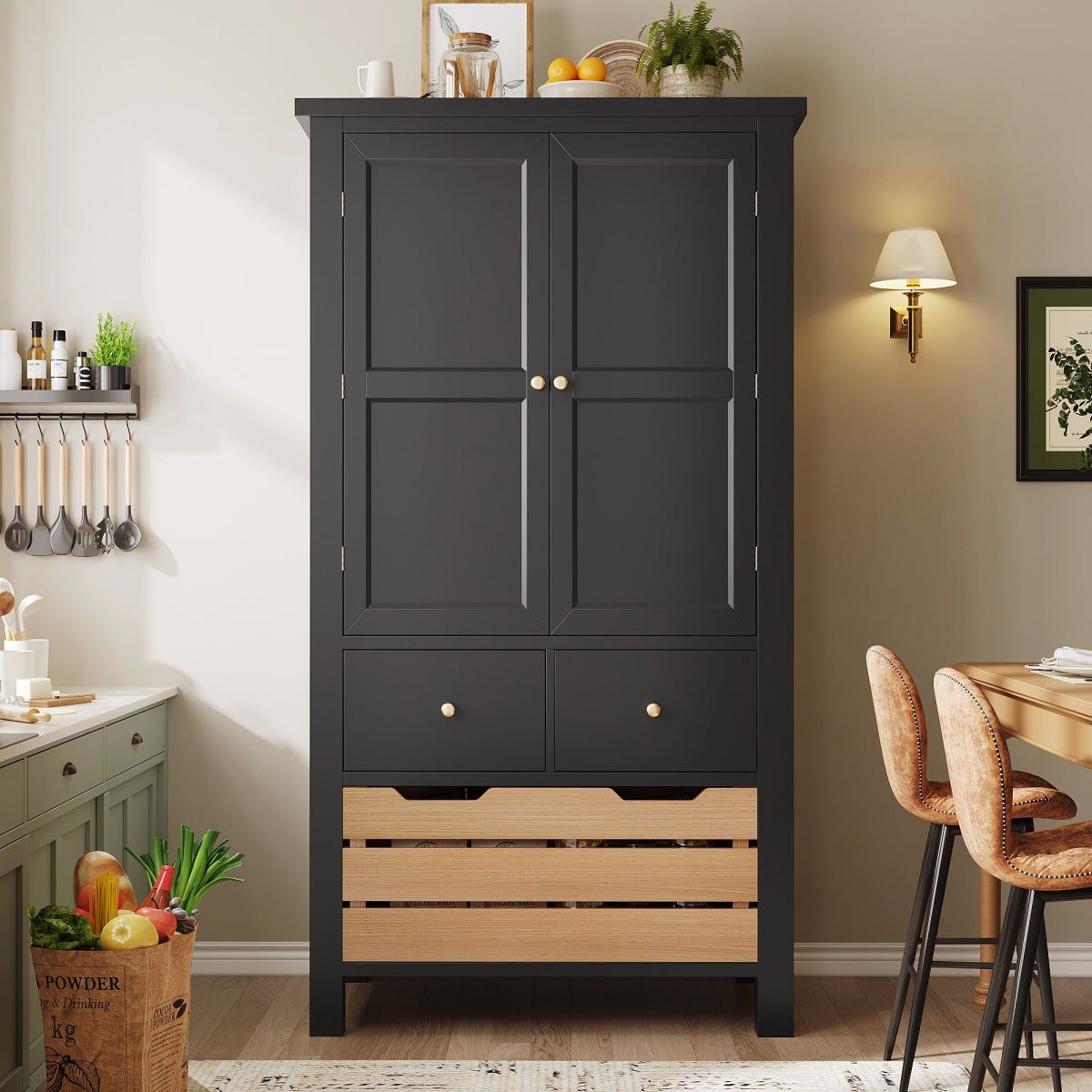 Küchenschrank 140cm hoch, Buffet-Schrank mit 2 Türen & 5 Schubladen, Mehrzweckschrank Schwarz, Sideboard Vorratsschrank mit Kippschutz, 80x40cm
