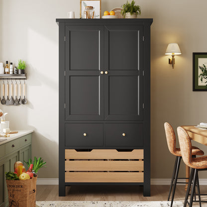 Küchenschrank 140cm hoch, Buffet-Schrank mit 2 Türen & 5 Schubladen, Mehrzweckschrank Schwarz, Sideboard Vorratsschrank mit Kippschutz, 80x40cm