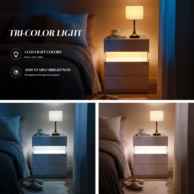 LED Nightstands 3 Drawer Dresser for Bedroom End Table with Acrylic Board LED Bedside Tables for Bedroom Living Room Bedside Furniture (White Stone)
