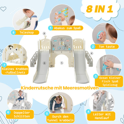 Kinderspielplatz-Set 8-in-1, Freistehendes Meerestier-Motiv-Set mit Rutsche, Bogentunnel, Basketballkorb und Teleskop, Doppelte Rutschen für Kleinkinder, Klettergerüst für Kinder