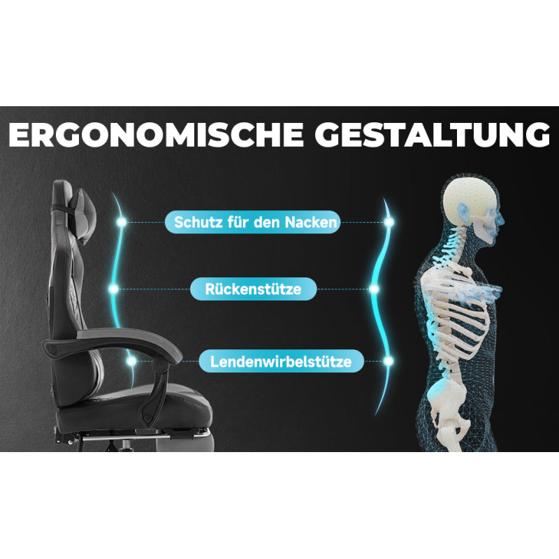 Gaming Stuhl, Ergonomischer Gaming-Stuhl mit Fußstütze, Racing Gaming Chair Kopfstütze Verstellbarer Computerstuhl Höhenverstellbar Lendenwirbelstütze für Homeoffice und Gaming Gray