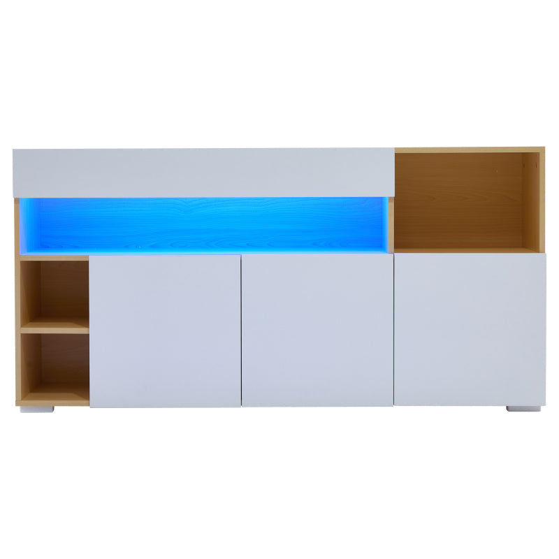 LED Sideboard Breite 140cm, Multifunktionales Sideboard,Kommode, Highboard , Luxuriöses Sideboard für Wohnzimmer, Eckschrank für Flur, Schrank für Schlafzimmer, Weiß und Eiche