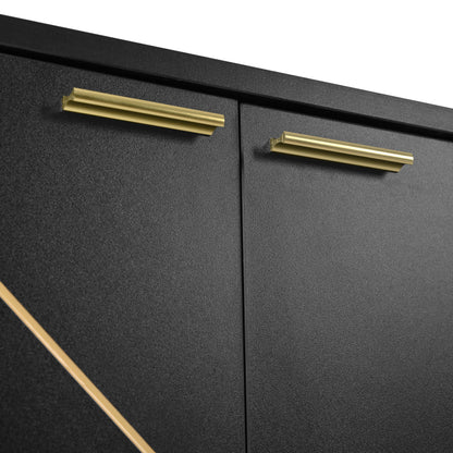 Sideboard mit vier Türen, Metallfüßen, TV-Schrank, Kleiderschrank,  geradliniges Design mit Metalllinien-Dekor, Schwarz+Golden