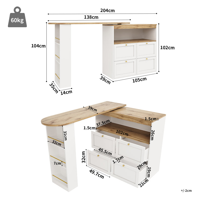 360° drehbarer Stehtisch (Korpus 105 x 39 x 102 cm) mit 4 Schubladen und offenen Ablagen, geeignet für Esszimmer/Arbeitszimmer/Wohnzimmer, weiß