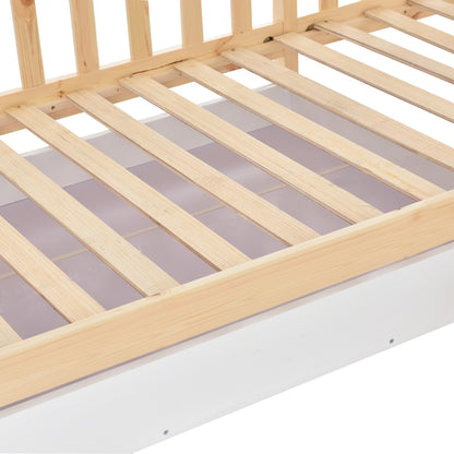 Kinderbett Hausbett mit Schubladen und Regalen, Massivholz mit Zaun und Lattenrost, L-Struktur, Natur (90x200 cm+140x70cm)