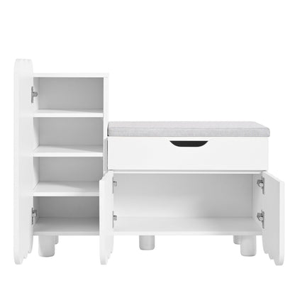 Moderner 3-Türen-Schuhschrank mit Schublade & Sitzpolster, Stilvolle Schuhbänke für Flur und Eingangsbereich, Weiß