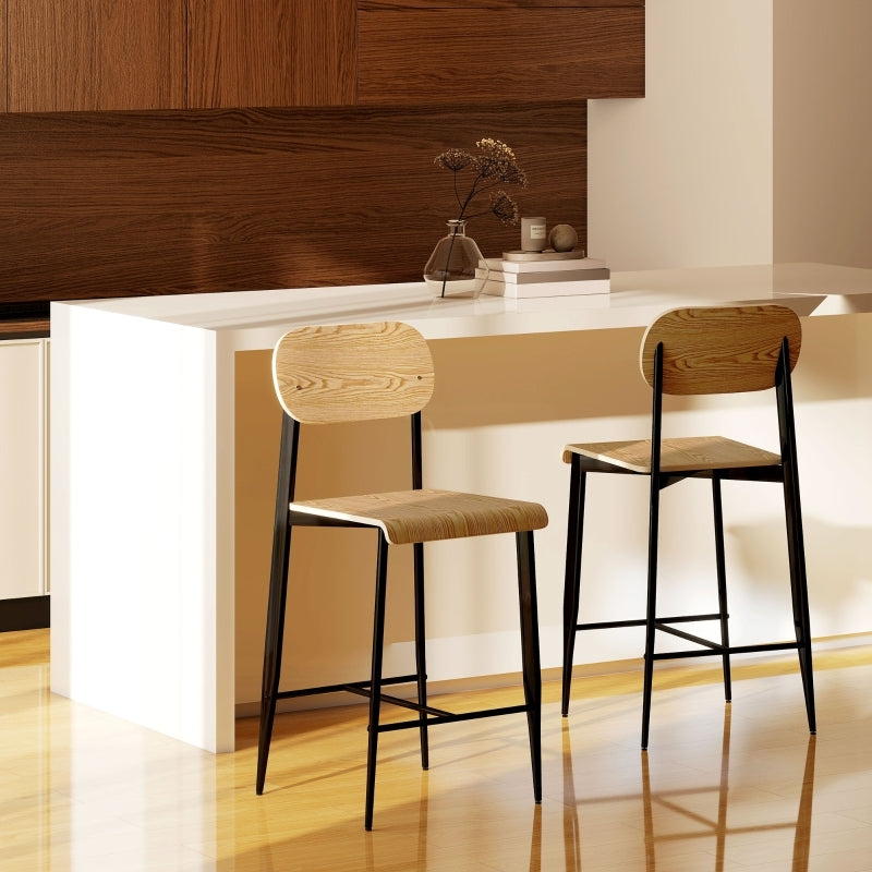 Barhocker 2er Set, Barstuhl mit Fußstütze, Metallgestell, Industrie-Design Naturholz+Schwarz