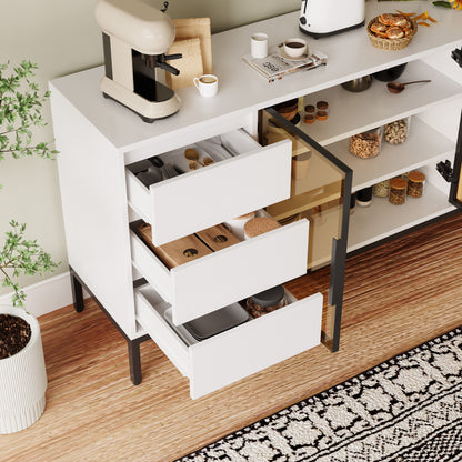 Sideboard Weiß 160 cm, Buffetschrank mit 3 Schubladen & 2 Türen, Anrichte Küche, Kommode 80 cm Hoch