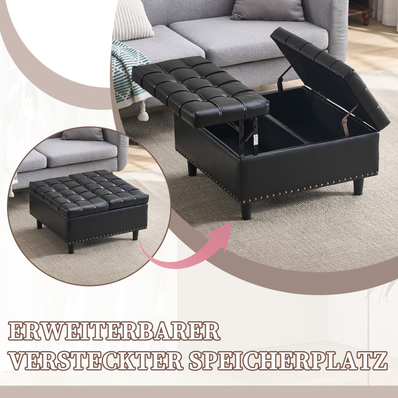 Großer quadratischer Aufbewahrungsstuhl, anhebbare Bank mit Stauraum, geeignet für Wohnzimmer Schlafzimmer Arbeitszimmer gepolsterte Aufbewahrungsbox(Black PU)