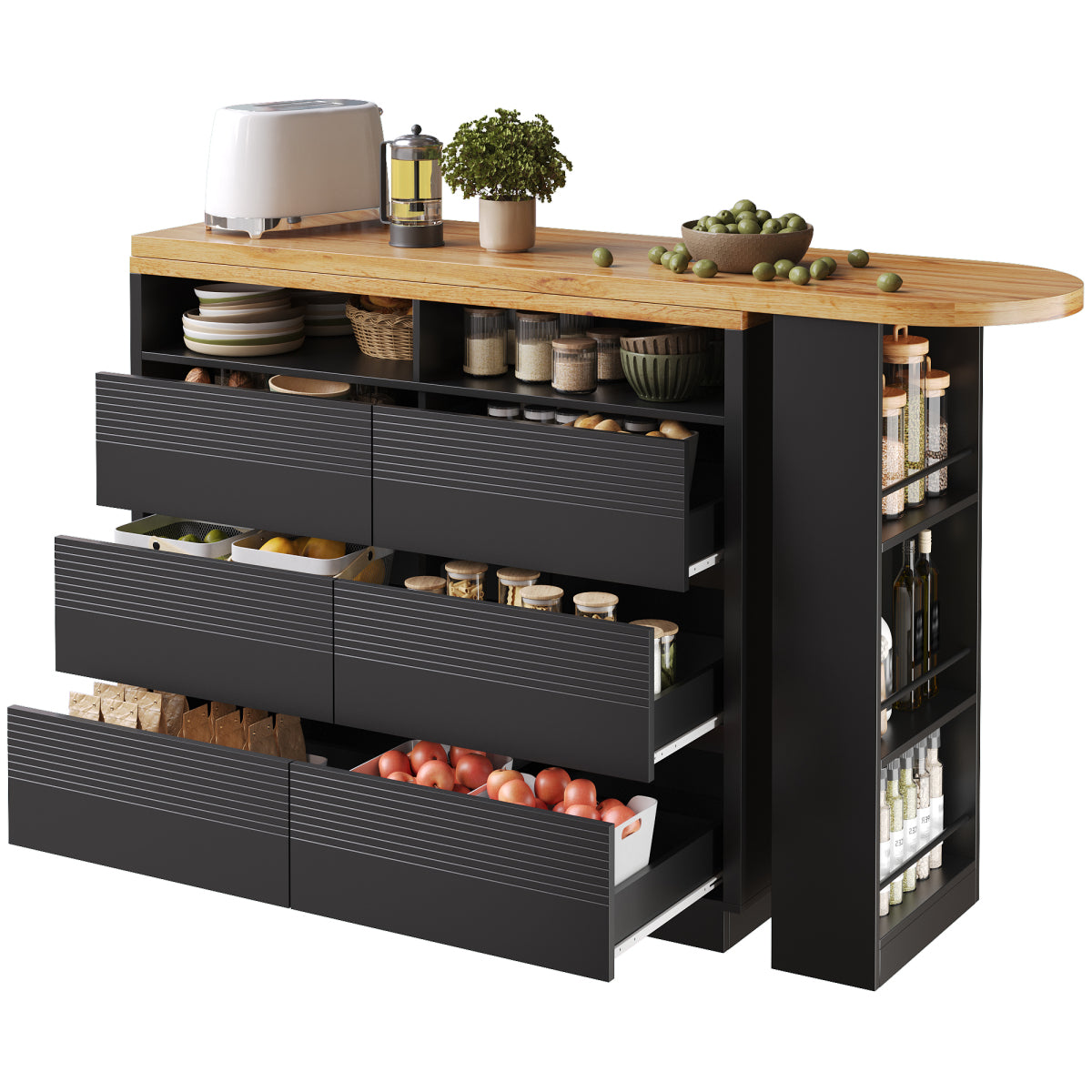 Ausziehbarer Bartisch (137-215cm) - Moderner Teleskop-Hochtisch mit 6 Schubladen & Stauraum - Bewegliche Kücheninsel, Stehtisch & Bistrotisch