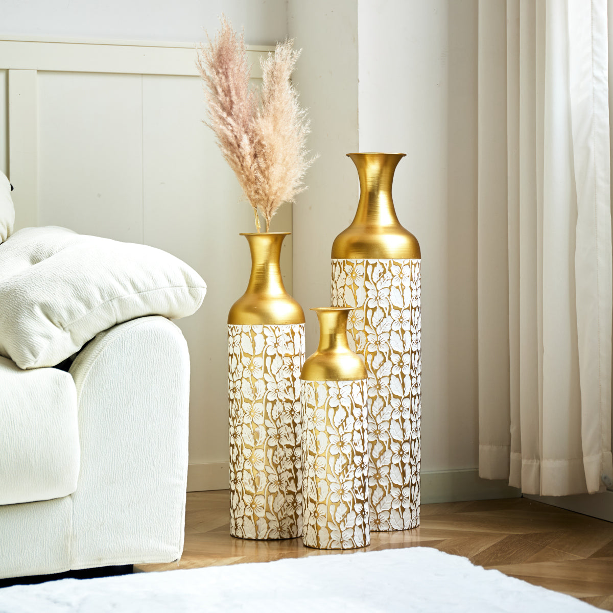 3er Set Bodenvase Metall, Weiß-Gold, Retro Stil, 83/65/50 cm hoch