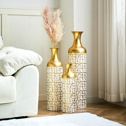 3er Set Bodenvase Metall, Weiß-Gold, Retro Stil, 83/65/50 cm hoch