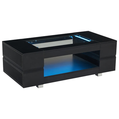 Schwarzer LED-Couchtisch mit Bluetooth-App-Steuerung, doppelschichtiger Hochglanz-Hohldesigntisch, geeignet für Partys, Büros, Wohnzimmer