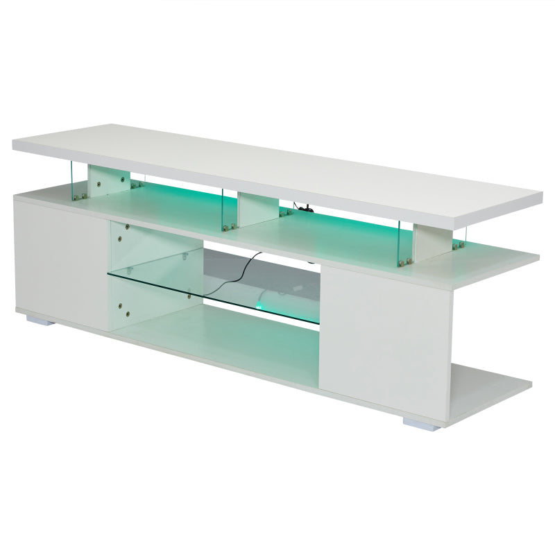 Moderner Low-Panel-Hochglanz-TV-Ständer mit LED-Beleuchtung, TV-Panel, TV-Glasschrank für 60-Zoll-Fernseher, Tische, universelle Gaming-Medienständer, Stauschränke und große Stauräume, Reinweiß