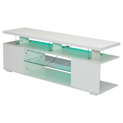 Moderner Low-Panel-Hochglanz-TV-Ständer mit LED-Beleuchtung, TV-Panel, TV-Glasschrank für 60-Zoll-Fernseher, Tische, universelle Gaming-Medienständer, Stauschränke und große Stauräume, Reinweiß
