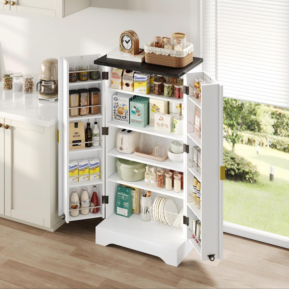 Hochschrank Weiß 120 cm, Buffetschrank mit LED-Sensorlicht, Anrichte mit Gerillten Türen & Türablagen, Goldgriffe