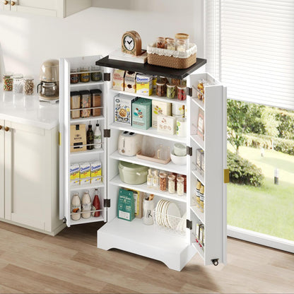 Hochschrank Weiß 120 cm, Buffetschrank mit LED-Sensorlicht, Anrichte mit Gerillten Türen & Türablagen, Goldgriffe