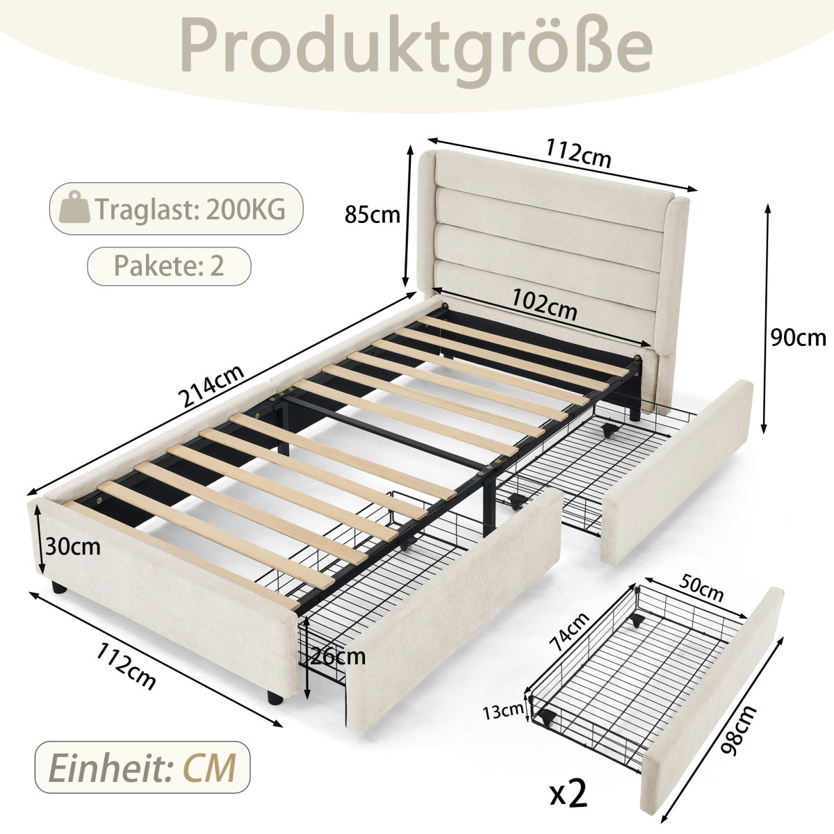 Einzelbett 90×200 cm mit Chenille-Oberfläche & 2 Schubladen, stabiles Bettgestell aus Holz/Metall, ideal für Kinder-, Jugend- & Gästezimmer, Beige (ohne Matratze)