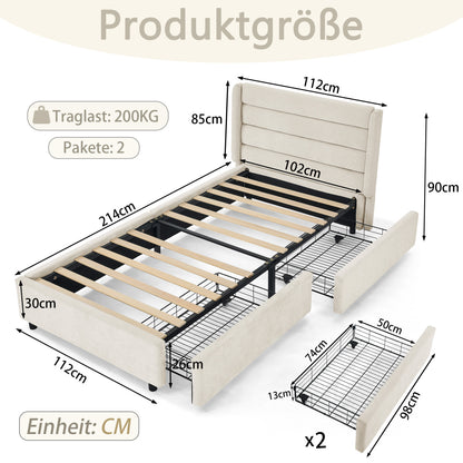 Einzelbett 90×200 cm mit Chenille-Oberfläche & 2 Schubladen, stabiles Bettgestell aus Holz/Metall, ideal für Kinder-, Jugend- & Gästezimmer, Beige (ohne Matratze)