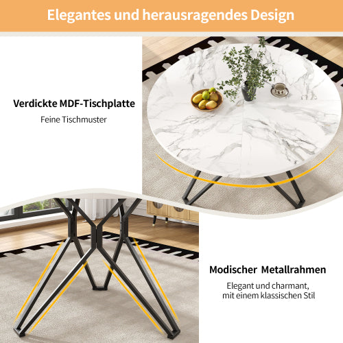 Esstisch-Set (5-teilig), Esstisch-Set mit 4 Stühlen, Modernes Küchen-Esstisch-Set, Runder Küchentisch mit Durchmesser 100 cm, Schwarze Metallbeine, MDF-Marmor-Tischplatte, Graue Samt-Esszimmerstühle
