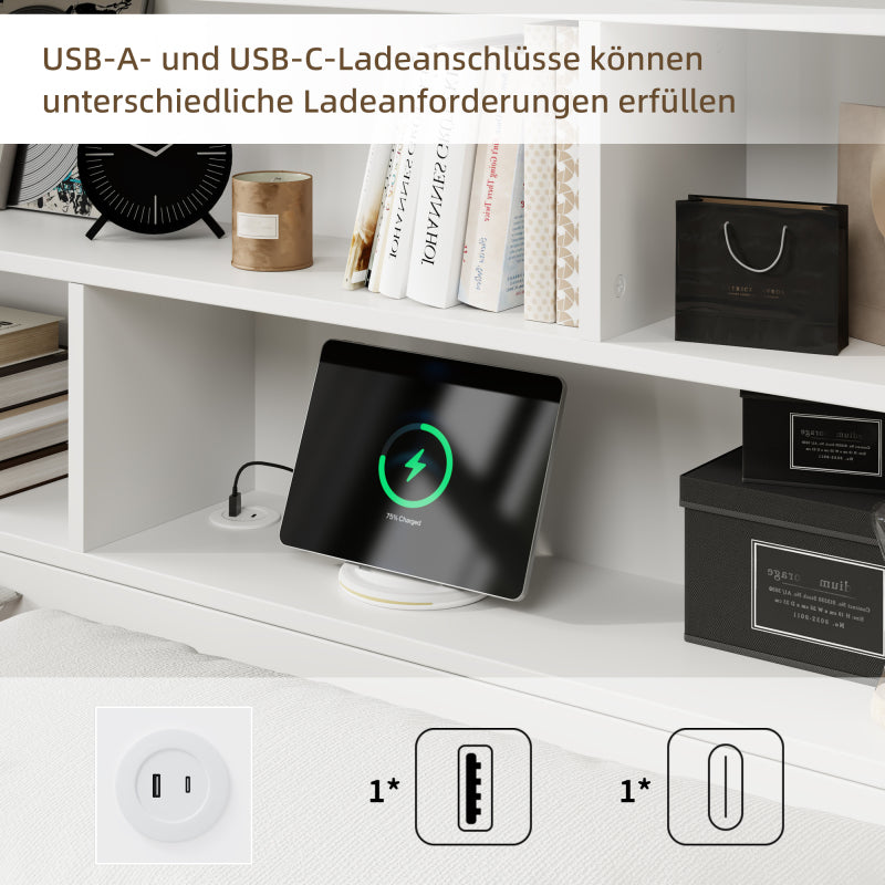Stauraumbett 140*200cm, Doppelbett,Funktionsbett,Massivholzbett, mit USB-Anschluss, mit Aufbewahrungsbox unter dem Bett, mit Stauraum, ohne Matratze, weiß