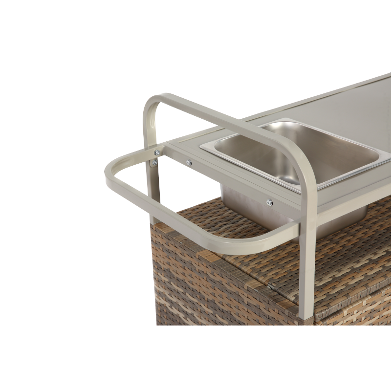 Outdoor Bar Table, Wicker Bar Cart with Cabinet, Patio Serving Cart with steel Top, with one ice bucket,Lockable Wheels, Side Basket for Garden, Poolside & Backyard, Beige
