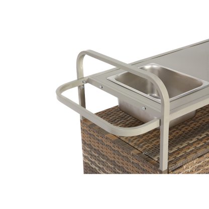 Outdoor Bar Table, Wicker Bar Cart with Cabinet, Patio Serving Cart with steel Top, with one ice bucket,Lockable Wheels, Side Basket for Garden, Poolside & Backyard, Beige
