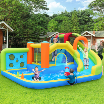 [Ganzjähriger Spielspaß] Hüpfburg mit Gebläse Multifunktionaler Wasserpark+Trampolinpark für Kinder, Inklusive 450W-Gebläse