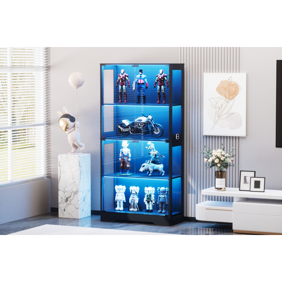 Glasvitrine Schwarz 165 cm hoch, Vitrinenschrank mit LED (3 Farben) & Bewegungssensor, 4 verstellbare Böden