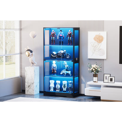 Glasvitrine Schwarz 165 cm hoch, Vitrinenschrank mit LED (3 Farben) & Bewegungssensor, 4 verstellbare Böden