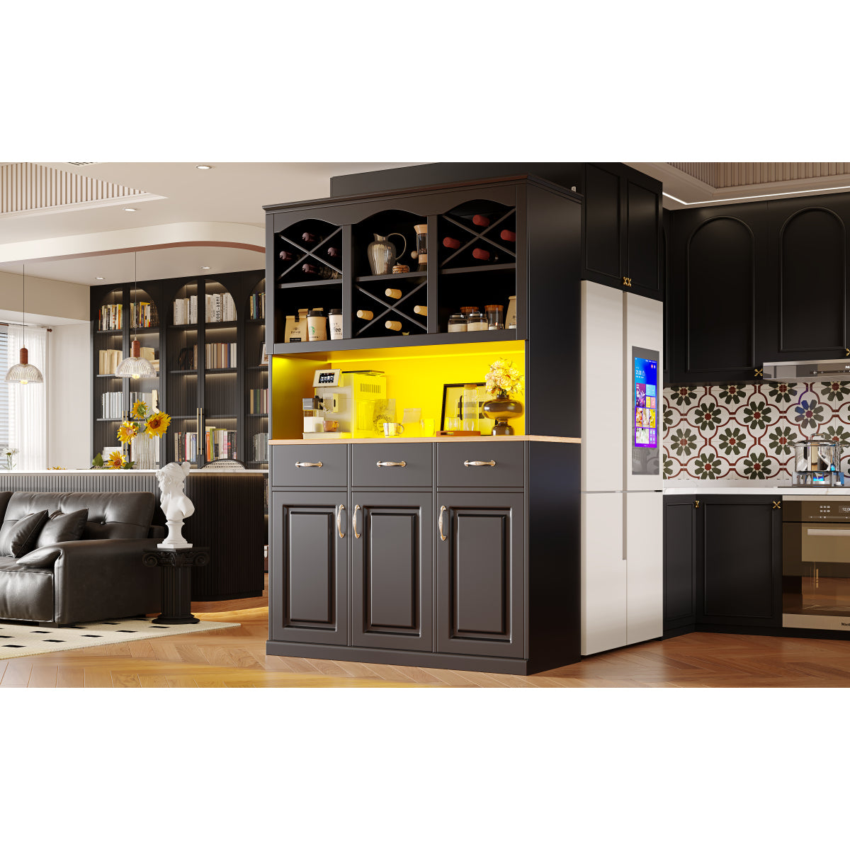 Küchenschrank 120x180cm LED, Hohes Buffet Schwarz, 3 Türen & 3 Schubladen, App-Steuerung, MDF Mehrzweckschrank