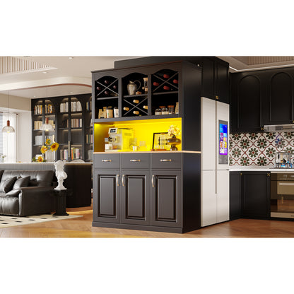 Küchenschrank 120x180cm LED, Hohes Buffet Schwarz, 3 Türen & 3 Schubladen, App-Steuerung, MDF Mehrzweckschrank