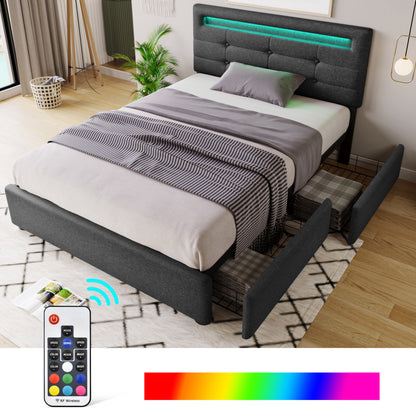 Polsterbett 90x200cm mit LED & 2 Schubladen - Einzelbett Grau, Verstellbares Kopfteil & Lattenrost - Modernes Bettgestell (Ohne Matratze)