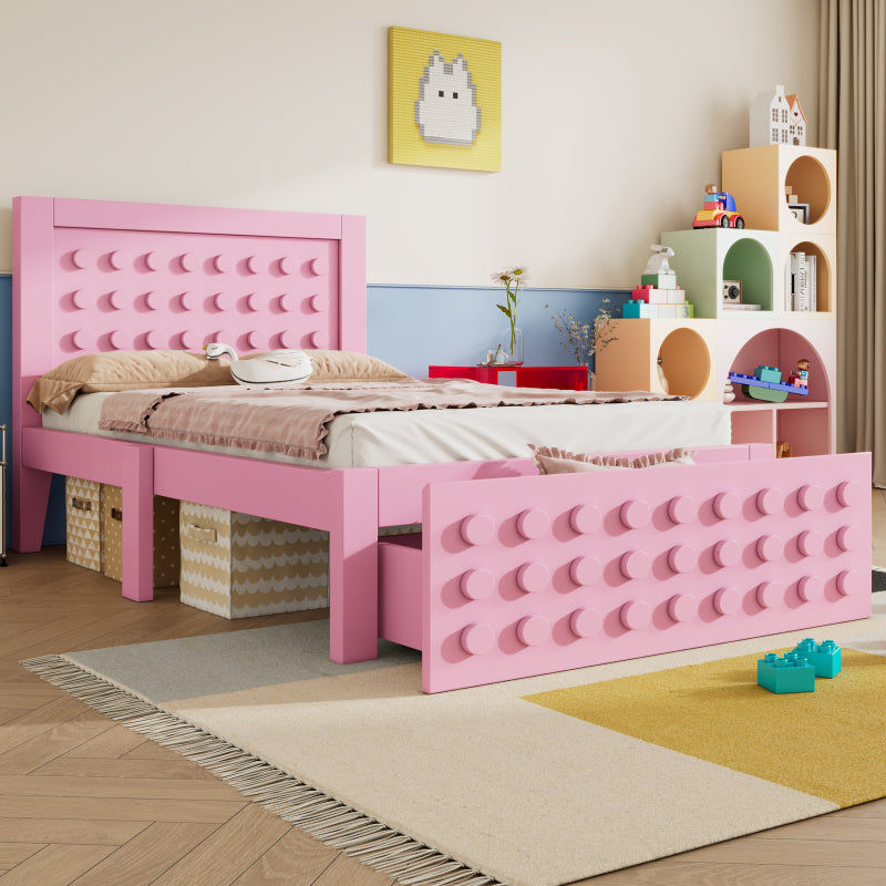 Holzbett Einzelbett 90x190 cm, Kinderbett Jugendbett mit Kreativem Block Design, Massivholz Bettgestell mit Lattenrost, mit Schubladen & Unterm Bett Stauraum, Rosa, Ohne Matratze