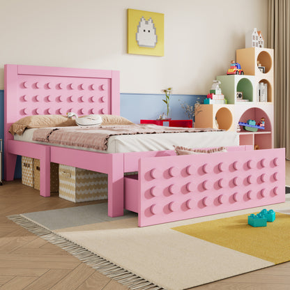 Holzbett Einzelbett 90x190 cm, Kinderbett Jugendbett mit Kreativem Block Design, Massivholz Bettgestell mit Lattenrost, mit Schubladen & Unterm Bett Stauraum, Rosa, Ohne Matratze