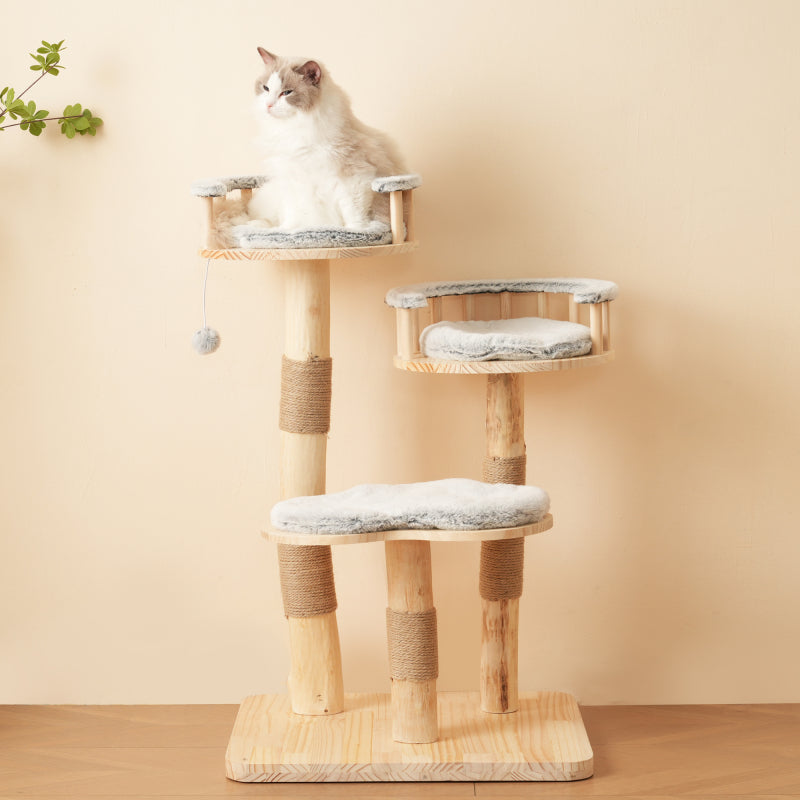 Designer Katzenklettergerüst aus Massivholz - 98 cm hoch, 3-stufiges Sprungbrett, abnehmbare Kissen und Spielbälle, Wolkenoptik-Imitation