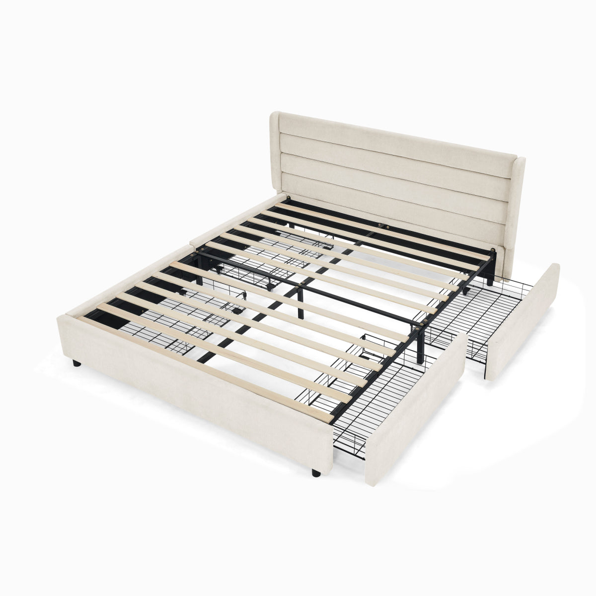 Doppelbett 160×200 cm aus Chenille mit 4 Schubladen, stabiles Bettgestell für Schlafzimmer & Eltern-Kind-Zimmer, Beige (ohne Matratze)
