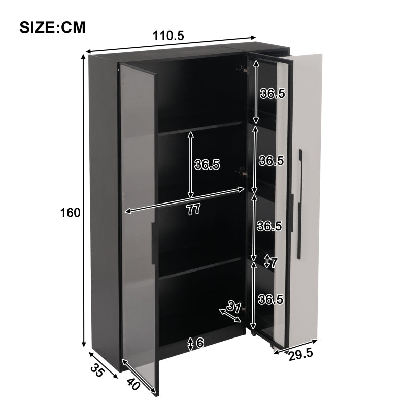 Multifunktionsschrank 110,5x35x160 cm, Schwarz-Weiß: Moderne Vitrine mit Glastür, LED, Seitenauszug, Rollschrank, ideal für Bücher, Bad, Esszimmer.