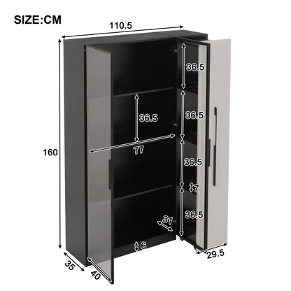 Multifunktionsschrank 110,5x35x160 cm, Schwarz-Weiß: Moderne Vitrine mit Glastür, LED, Seitenauszug, Rollschrank, ideal für Bücher, Bad, Esszimmer.