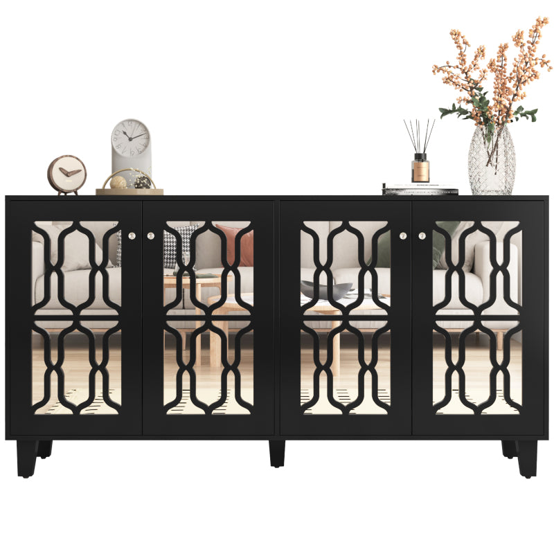 Schwarz verspiegelte Anrichte mit kühlen Kristallgriffen, Vier Türen, mit beweglichem Laminat.für Wohn- und Esszimmer, 160 x 40 x 84cm