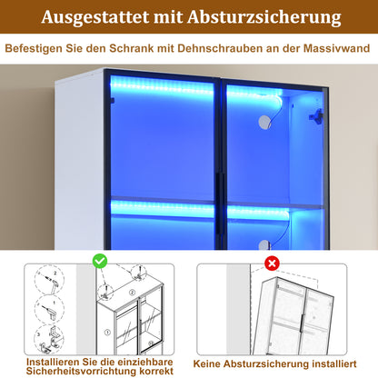 Moderne Vitrine Weiß 80x30x200cm - Glasschrank mit LED-Beleuchtung, Einstellbare Helligkeit & Farbtemperatur, Bücherregal für Sammlerstücke, weiß