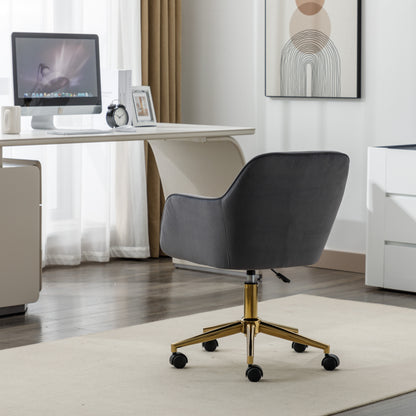 Neuer höhenverstellbarer Drehstuhl aus Samtstoff für das Büro im Innenbereich mit goldenen Beinen, grau