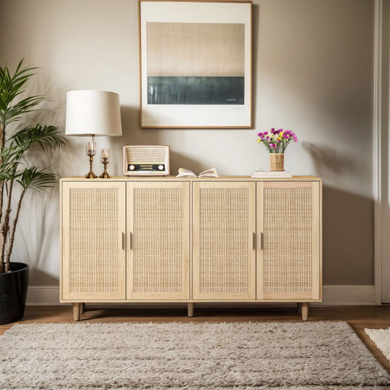 158CM Elegant and Functional 4-Door Rattan Decorative Storage Cabinet,for Bedroom,Living Room,Office;158CM Eleganter und funktioneller 4-türiger Rattan Schrank für Schlafzimmer, Wohnzimm