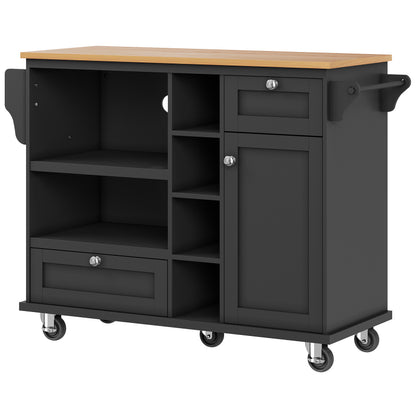 Esszimmerwagen (129 x 46 x 92 cm), moderner und einfacher schwarzer, beweglicher Küchen-Esswagen mit Schubladen und Lagerschränken, hellbraune Holzarbeitsplatte, geeignet für moderne Familien
