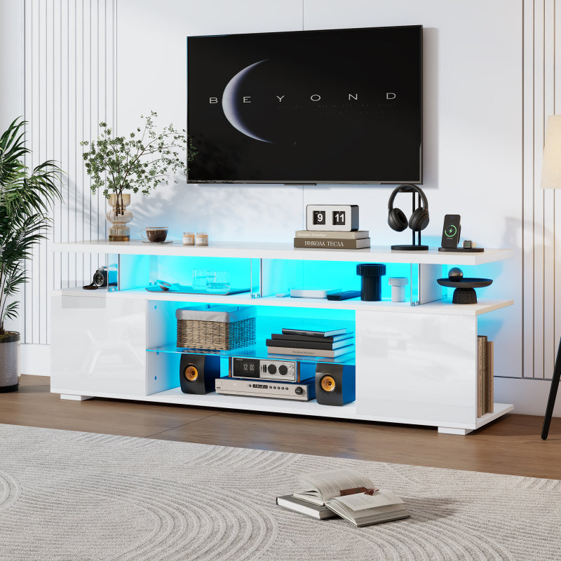 Moderner Low-Panel-Hochglanz-TV-Ständer mit LED-Beleuchtung, TV-Panel, TV-Glasschrank für 60-Zoll-Fernseher, Tische, universelle Gaming-Medienständer, Stauschränke und große Stauräume, Reinweiß