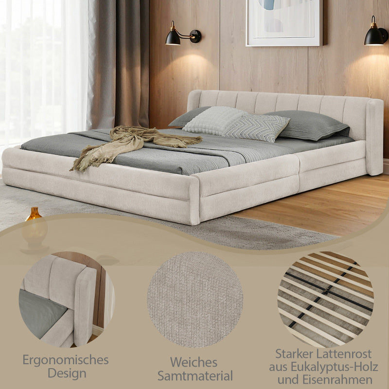 Doppelbett 160×200 cm, Chenille Stoff, komfortable Rückenlehne, robustes Eukalyptus- und Eisengestell, einfach zu montieren, Beige (ohne Matratze)