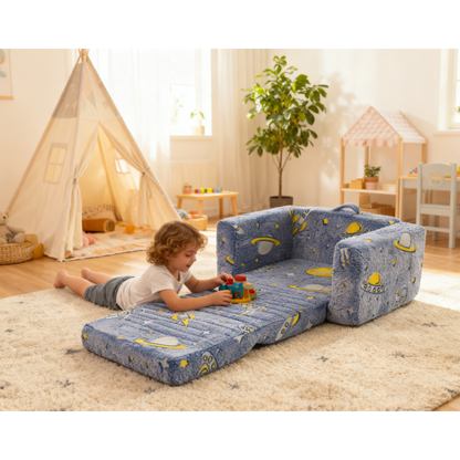 Klappbares Kindersofa Plüsch, Astronauten Muster leuchtend, waschbar, Blau/Grün