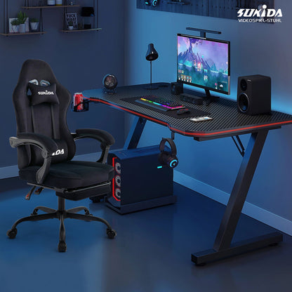 Gaming Stuhl Stoff, Ergonomischer Gaming Chair mit Fußstütze, Verstellbarer Racing Computerstuhl mit Lordosenstütze, Schwarz Ergonomisch PC-Stuhl