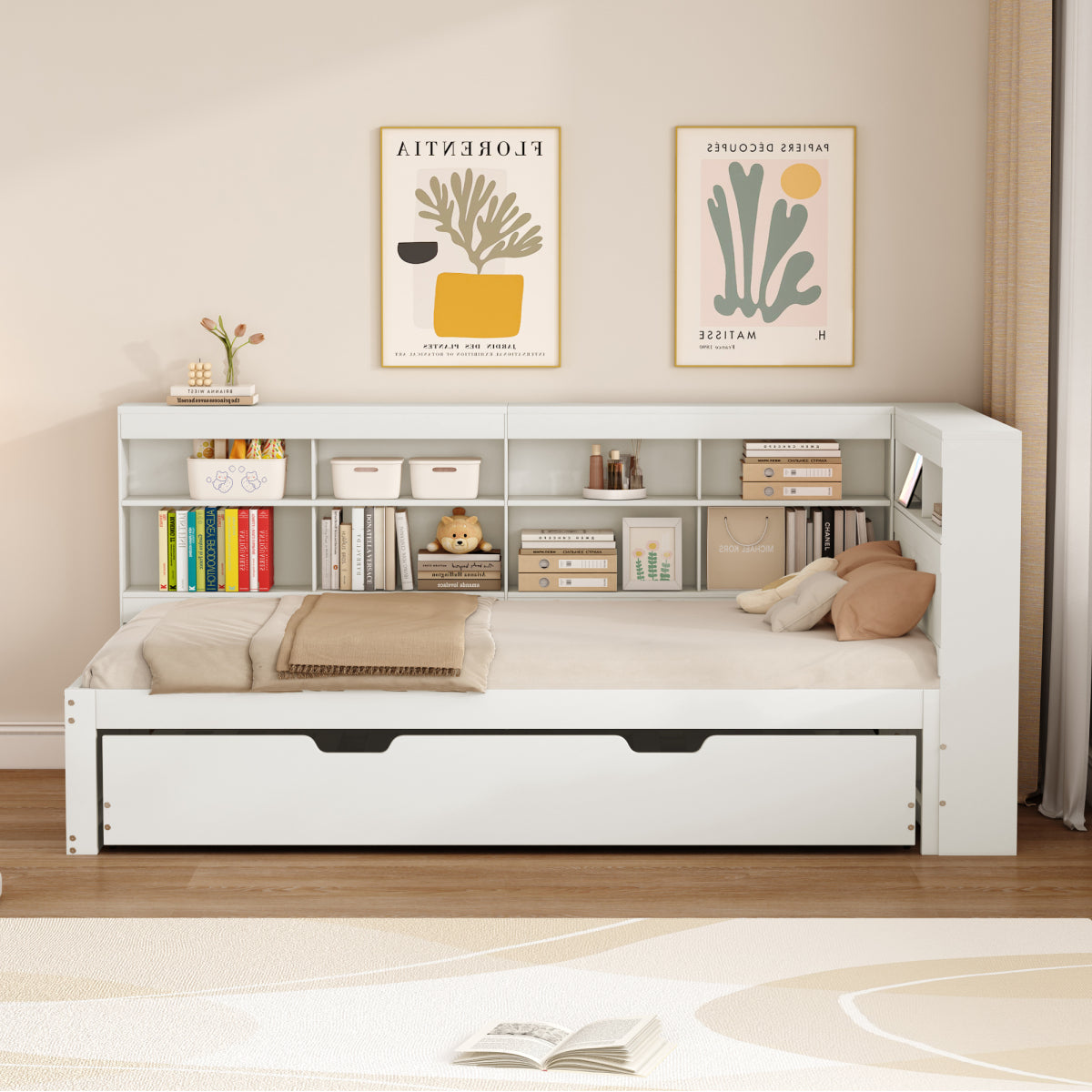 Multifunktions-Schlafsofa 90x200 & 90x190 Ausziehbar - Massivholz Weiß mit USB-Anschluss, Stauraum & Ablagefächern - Praktisches Einzelbett, Weiß