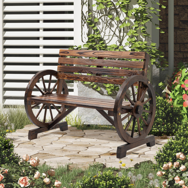 Gartenbank 2-Sitzer  Holzbank mit Wagenrad-Armlehnen im Landhausstil, Tannenholz, Braun